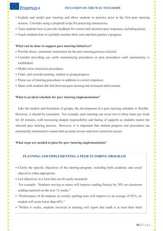 INCLUSION ON THE WAY TO EUROPE
46 | P a g e
 Explain and model peer tutoring and allow students to practice prior to the first peer tutoring
session. Consider using a prepared script for practicing interactions.
 Train students how to provide feedback for correct and incorrect peer responses, including praise.
 Teach students how to carefully monitor their own and their partner‘s progress.
What can be done to support peer tutoring initiatives?
 Provide direct, systematic instruction for the peer tutoring process selected.
 Consider providing cue cards summarizing procedures or post procedures until automaticity is
established.
 Model error correction procedures.
 Chart, and consider posting, student or group progress.
 Praise use of tutoring procedures in addition to correct responses.
 Share with students the link between peer tutoring and increased achievement.
What is an ideal schedule for peer tutoring implementation?
Like the models and formation of groups, the development of a peer tutoring schedule is flexible.
However, it should be consistent. For example, peer tutoring can occur two to three times per week
for 20 minutes, with increasing student responsibility and fading of supports as students master the
selected peer tutoring process. However, it is important that student progress and procedures are
consistently monitored to ensure that accurate review and error correction occurs.
What steps are needed to plan for peer tutoring implementation?
PLANNING AND IMPLEMENTING A PEER TUTORING PROGRAM
 Clarify the specific objectives of the tutoring program, including both academic and social
objectives when appropriate.
 List objectives in a form that can be easily measured.
For example: ―Students serving as tutees will improve reading fluency by 30% on classroom
reading materials in the next 12 weeks.‖
 ―Performance of all students on weekly spelling tests will improve to an average of 85%; no
student will score lower than 60%.‖
 ―Within 8 weeks, students involved in tutoring will report that math is at least their third
 