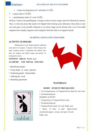 INCLUSION ON THE WAY TO EUROPE
53 | P a g e
o 2 large size (hypotenuse of 1 and sides of 1/ 2))
 1 square (side of 1/2 2))
 1 parallelogram (sides of ½ and 1/2 2))
Of these 7 pieces, the parallelogram is unique in that its mirror image cannot be obtained by rotation.
Thus, it is the only piece that needs to be flipped when forming some silhouettes. Since there is only
one such piece, every possible silhouette or its mirror image can be formed with a set of one-sided
tangrams (for example, tangrams with a magnetic back that slide on a magnetic board).
LEARNING AND PLAYING TOGETHER
ACTIVITY SUMMARY
Buddypartners create designs using the traditional
seven pieces of a tangram. Usingone of their designs, they
make a tangram picture. !n preparation, the students learn
about the tangram and explore shapes and patterns by
arranging the pieces.
CONTENT AREAS: Maths, Arts
ACADEMIC AND SOCIAL FOCUSES:
• Identifying shapes
• Using shapes to create patterns
• Exploring spatial relationships
· • Sharing the work
• Reaching agreement
MATERIALS
BUDDY STUDENT PREPARATION
• Two transparencies of Tangram Puzzle sheet for each class
• Overhead projector
BUDDIES ACTIVITY
• Transparency of Tangram Puzzle sheet
• Overhead projector
• Tangram Puzzle sheets for each buddy pair
• Sheets of white or other light-colored
construction paper, scissors, and glue for each
buddy pair.
 