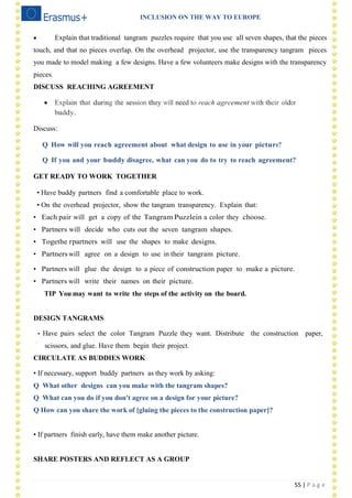 INCLUSION ON THE WAY TO EUROPE
55 | P a g e
 Explain that traditional tangram puzzles require that you use all seven shapes, that the pieces
touch, and that no pieces overlap. On the overhead projector, use the transparency tangram pieces
you made to model making a few designs. Have a few volunteers make designs with the transparency
pieces.
DISCUSS REACHING AGREEMENT
 Explain that during the session they will need to reach agreement with their older
buddy.
Discuss:
Q How will you reach agreement about what design to use in your picture?
Q If you and your buddy disagree, what can you do to try to reach agreement?
GET READY TO WORK TOGETHER
• Have buddy partners find a comfortable place to work.
• On the overhead projector, show the tangram transparency. Explain that:
• Each pair will get a copy of the Tangram Puzzlein a color they choose.
• Partners will decide who cuts out the seven tangram shapes.
• Togethe rpartners will use the shapes to make designs.
• Partners will agree on a design to use in their tangram picture.
• Partners will glue the design to a piece of construction paper to make a picture.
• Partners will write their names on their picture.
TIP You may want to write the steps of the activity on the board.
DESIGN TANGRAMS
• Have pairs select the color Tangram Puzzle they want. Distribute the construction paper,
scissors, and glue. Have them begin their project.
CIRCULATE AS BUDDIES WORK
• If necessary, support buddy partners as they work by asking:
Q What other designs can you make with the tangram shapes?
Q What can you do if you don't agree on a design for your picture?
Q How can you share the work of [gluing the pieces to the construction paper]?
• If partners finish early, have them make another picture.
SHARE POSTERS AND REFLECT AS A GROUP
 