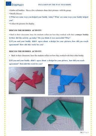 INCLUSION ON THE WAY TO EUROPE
56 | P a g e
• Gather all buddies. Have a few volunteers share their pictures with the group.
• Briefly discuss:
Q What are some ways you helped your buddy today? What are some ways your buddy helped
you?
• Collect the pictures for display.
DISCUSS THE BUDDIES ACTIVITY
• Back in their classroom, have the students reflect on how they worked with their younger buddy:
Q How did the activity go today? Do you think it was successful? Why?
Q If you and your buddy didn't agree about a design for your picture, how did you reach
agreement? How did this work for you?
DISCUSS THE BUDDIES ACTIVITY
• Back in their classroom, have the students reflect on how they worked with their older buddy:
Q If you and your buddy didn't agree about a design for your picture, how did you reach
agreement? How.did this work for you?
 