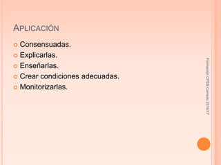 APLICACIÓN
 Consensuadas.
 Explicarlas.
 Enseñarlas.
 Crear condiciones adecuadas.
 Monitorizarlas.
FormaciónCPEBCerredo2016/17
 