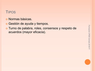 TIPOS
 Normas básicas.
 Gestión de ayuda y tiempos.
 Turno de palabra, roles, consensos y respeto de
acuerdos (mayor eficacia).
FormaciónCPEBCerredo2016/17
 