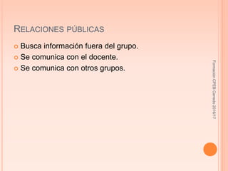 RELACIONES PÚBLICAS
 Busca información fuera del grupo.
 Se comunica con el docente.
 Se comunica con otros grupos.
FormaciónCPEBCerredo2016/17
 