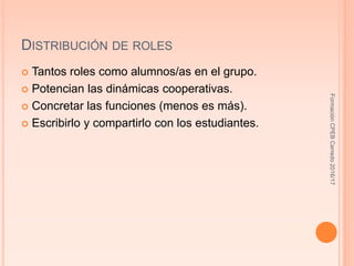 DISTRIBUCIÓN DE ROLES
 Tantos roles como alumnos/as en el grupo.
 Potencian las dinámicas cooperativas.
 Concretar las funciones (menos es más).
 Escribirlo y compartirlo con los estudiantes.
FormaciónCPEBCerredo2016/17
 