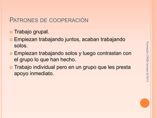 PATRONES DE COOPERACIÓN
 Trabajo grupal.
 Empiezan trabajando juntos, acaban trabajando
solos.
 Empiezan trabajando solos y luego contrastan con
el grupo lo que han hecho.
 Trabajo individual pero en un grupo que les presta
apoyo inmediato.
FormaciónCPEBCerredo2016/17
 
