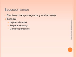 SEGUNDO PATRÓN
 Empiezan trabajando juntos y acaban solos.
 Técnica:
 Lápices al centro.
 Preparar el trabajo.
 Gemelos pensantes.
FormaciónCPEBCerredo2016/17
 