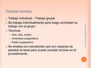 TERCER PATRÓN
 Trabajo individual – Trabajo grupal.
 Se trabaja individualmente para luego contrastar su
trabajo con el grupo.
 Técnicas:
 Uno, dos, cuatro.
 Inventario cooperativo.
 Podio cooperativo.
 Se emplea con estudiantes que son capaces de
plantear la tarea pero puede cometer errores en el
procedimiento.
FormaciónCPEBCerredo2016/17
 