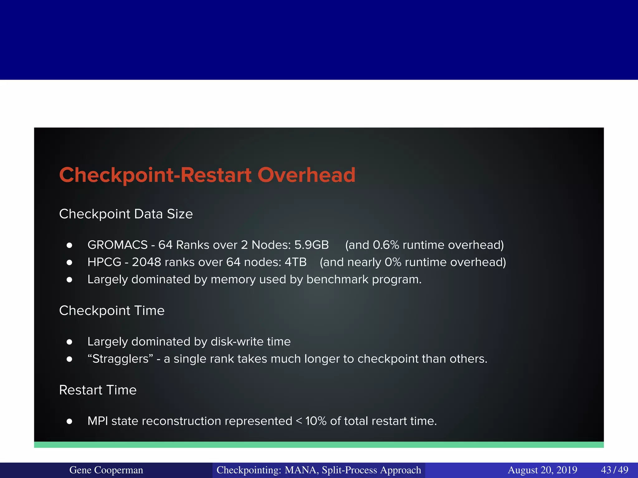 Checkpoint-Restart Overhead
Checkpoint Data Size
● GROMACS - 64 Ranks over 2 Nodes: 5.9GB (and 0.6% runtime overhead)
● HPCG - 2048 ranks over 64 nodes: 4TB (and nearly 0% runtime overhead)
● Largely dominated by memory used by benchmark program.
Checkpoint Time
● Largely dominated by disk-write time
● “Stragglers” - a single rank takes much longer to checkpoint than others.
Restart Time
● MPI state reconstruction represented < 10% of total restart time.
Gene Cooperman Checkpointing: MANA, Split-Process Approach August 20, 2019 43 / 49
 