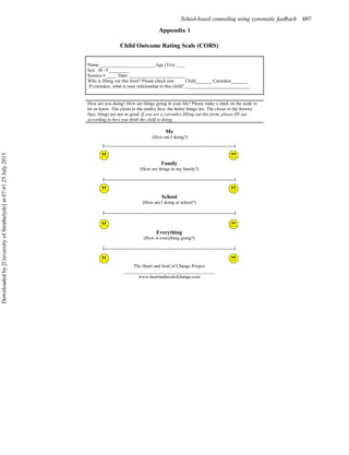 Appendix 1
Child Outcome Rating Scale (CORS)
Name ________________________Age (Yrs):____
Sex: M / F_________
Session # ____ Date: ________________________
Who is filling out this form? Please check one: Child_______ Caretaker_______
If caretaker, what is your relationship to this child? ____________________________
How are you doing? How are things going in your life? Please make a mark on the scale to
let us know. The closer to the smiley face, the better things are. The closer to the frowny
face, things are not so good. If you are a caretaker filling out this form, please fill out
according to how you think the child is doing.
Me
(How am I doing?)
I------------------------------------------------------------------------------------I
Family
(How are things in my family?)
I------------------------------------------------------------------------------------I
School
(How am I doing at school?)
I------------------------------------------------------------------------------------I
Everything
(How is everything going?)
I------------------------------------------------------------------------------------I
The Heart and Soul of Change Project
_______________________________________
www.heartandsoulofchange.com
School-based counseling using systematic feedback 487
Downloadedby[UniversityofStrathclyde]at07:4125July2013
 
