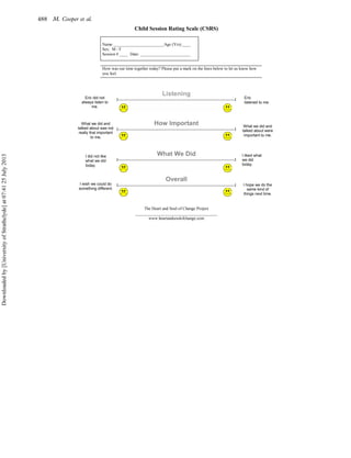 Child Session Rating Scale (CSRS)
Name ________________________Age (Yrs):____
Sex: M / F
Session # ____ Date: ________________________
How was our time together today? Please put a mark on the lines below to let us know how
you feel.
Listening
I-----------------------------------------------------------------------------------I
How Important
I-----------------------------------------------------------------------------------I
What We Did
I-----------------------------------------------------------------------------------I
Overall
I-----------------------------------------------------------------------------------I
The Heart and Soul of Change Project
_______________________________________
www.heartandsoulofchange.com
Eric
listened to me.
Eric did not
always listen to
me.
What we did and
talked about were
important to me.
What we did and
talked about was not
really that important
to me.
I hope we do the
same kind of
things next time.
I wish we could do
something different.
I liked what
we did
today.
I did not like
what we did
today.
488 M. Cooper et al.
Downloadedby[UniversityofStrathclyde]at07:4125July2013
 