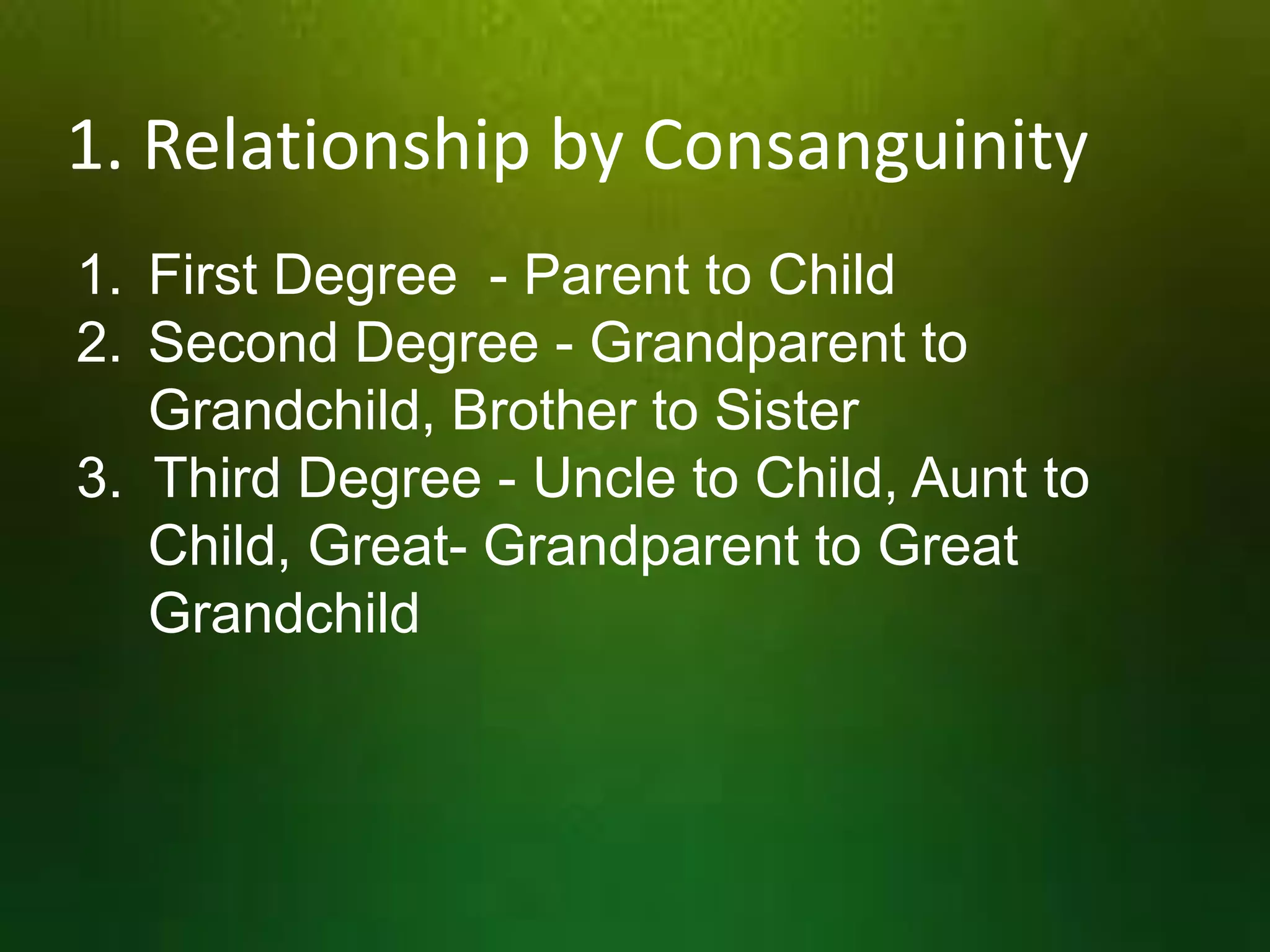 1. Relationship by Consanguinity
1. First Degree - Parent to Child
2. Second Degree - Grandparent to
Grandchild, Brother to Sister
3. Third Degree - Uncle to Child, Aunt to
Child, Great- Grandparent to Great
Grandchild

 
