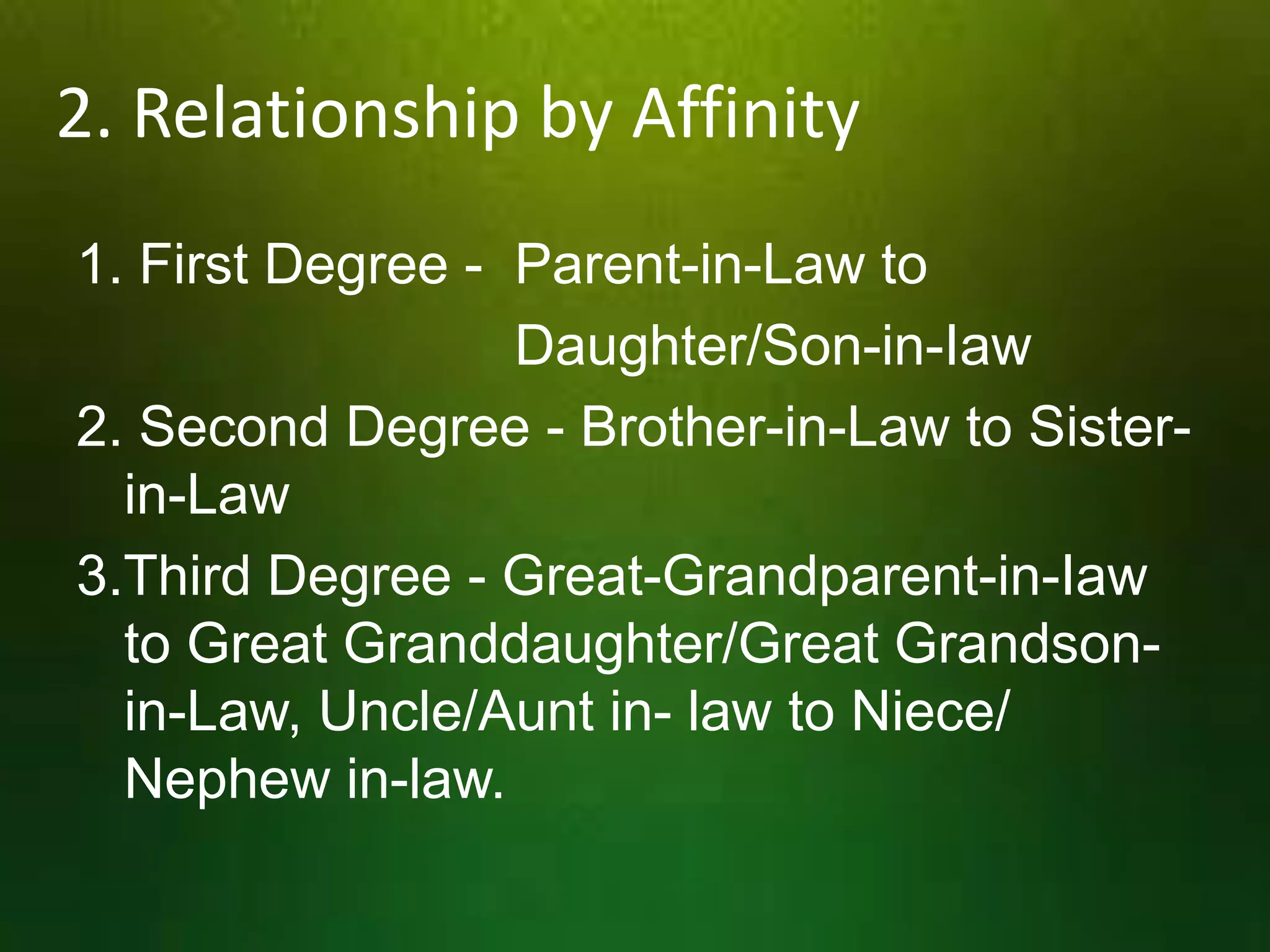 2. Relationship by Affinity
1. First Degree - Parent-in-Law to
Daughter/Son-in-Iaw
2. Second Degree - Brother-in-Law to Sisterin-Law
3.Third Degree - Great-Grandparent-in-Iaw
to Great Granddaughter/Great Grandsonin-Law, Uncle/Aunt in- law to Niece/
Nephew in-law.

 