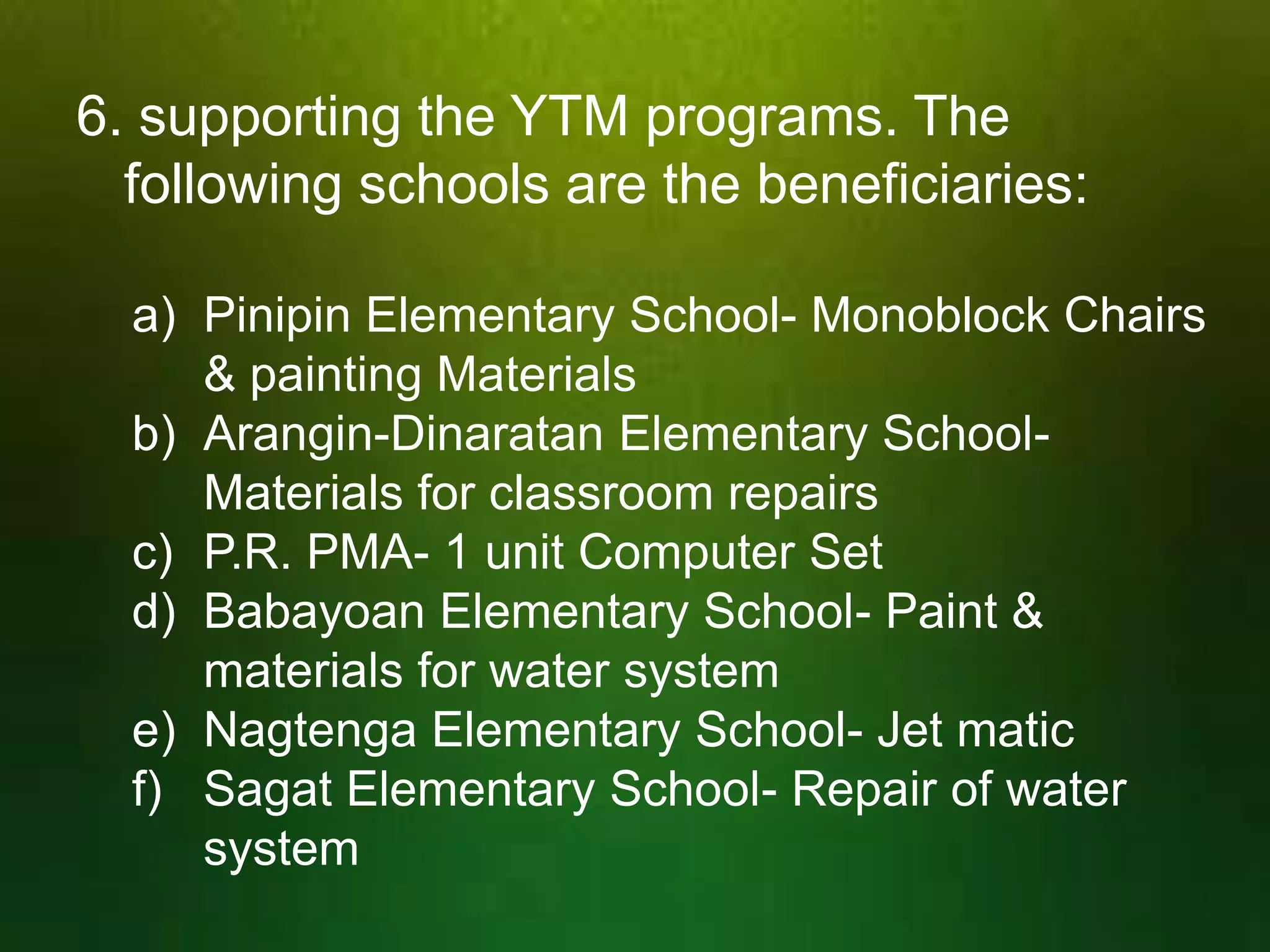 6. supporting the YTM programs. The
following schools are the beneficiaries:
a) Pinipin Elementary School- Monoblock Chairs
& painting Materials
b) Arangin-Dinaratan Elementary SchoolMaterials for classroom repairs
c) P.R. PMA- 1 unit Computer Set
d) Babayoan Elementary School- Paint &
materials for water system
e) Nagtenga Elementary School- Jet matic
f) Sagat Elementary School- Repair of water
system

 