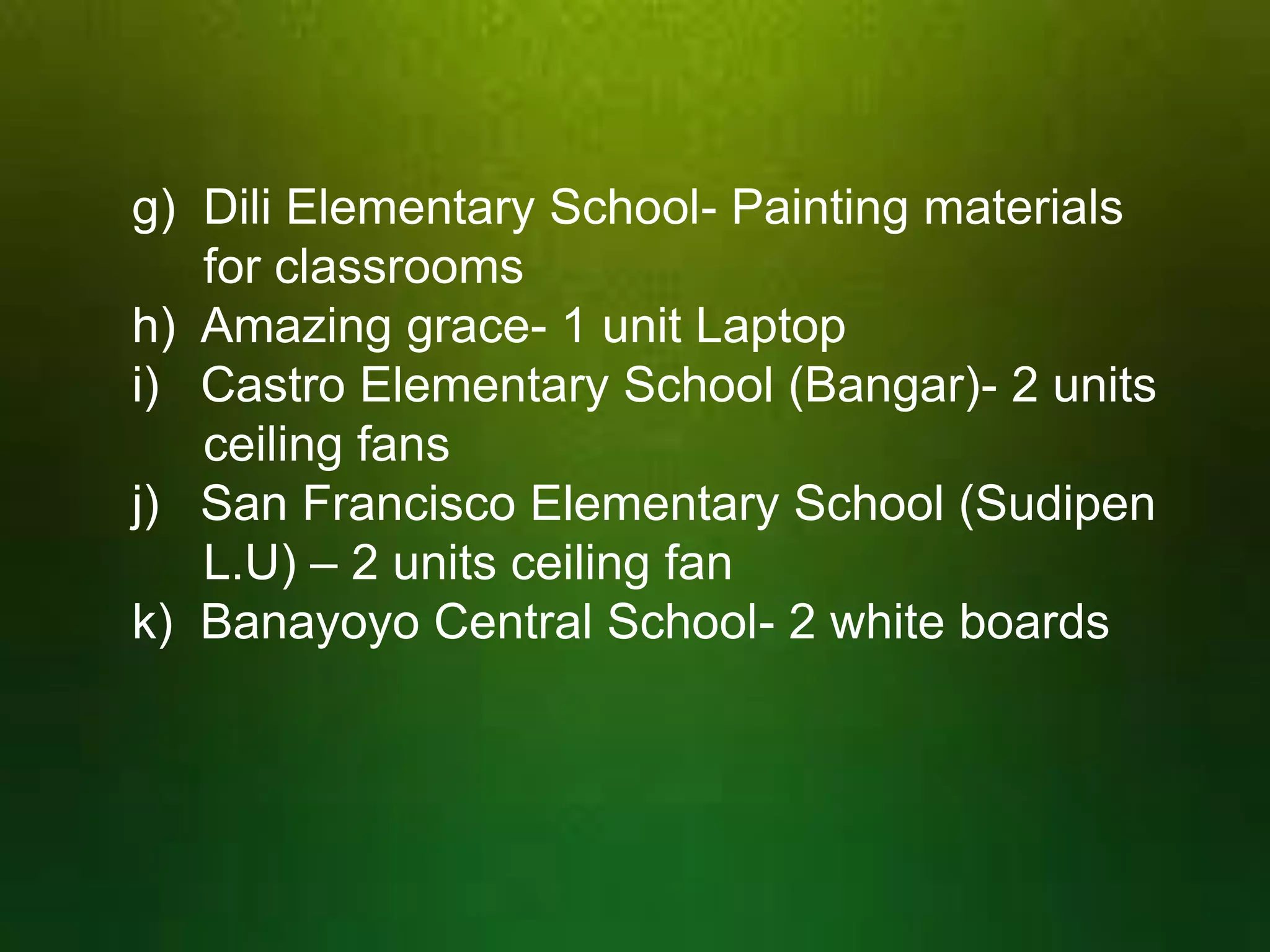 g) Dili Elementary School- Painting materials
for classrooms
h) Amazing grace- 1 unit Laptop
i) Castro Elementary School (Bangar)- 2 units
ceiling fans
j) San Francisco Elementary School (Sudipen
L.U) – 2 units ceiling fan
k) Banayoyo Central School- 2 white boards

 