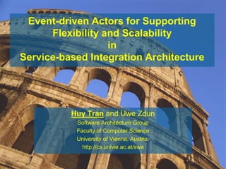 Event-driven Actors for Supporting
      Flexibility and Scalability
                   in
Service-based Integration Architecture




          Huy Tran and Uwe Zdun
           Software Architecture Group
           Faculty of Computer Science
           University of Vienna, Austria.
             http://cs.univie.ac.at/swa
 