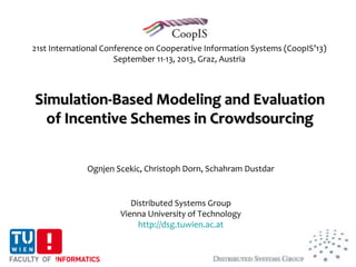 21st International Conference on Cooperative Information Systems (CoopIS’13)
September 11-13, 2013, Graz, Austria
Ognjen Scekic, Christoph Dorn, Schahram Dustdar
Distributed Systems Group
Vienna University of Technology
http://dsg.tuwien.ac.at
Simulation-Based Modeling and Evaluation
of Incentive Schemes in Crowdsourcing
 