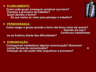 PLANEJAMENTO: Como cada grupo conseguiu construir sua torre?  Planejou o processo de trabalho?  Quem decidiu a forma?  De que meios se valeu para planejar o trabalho? PERSEVERANÇA: Como reagiu o grupo quando a torre não ficou como ele queria?  Quando ela caiu?  Continuou trabalhando ou se frustrou diante das dificuldades? COMUNICAÇÃO: Conseguiram estabelecer alguma comunicação? Buscaram outras formas de comunicação?  A limitação de não poder falar prejudicou o processo? 