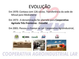EVOLUÇÃO
Em 1970: Contava com 126 sócios. Transferência da sede de
Missal para Medianeira
Em 1973 : A denominação foi alterada para Cooperativa
Agrícola Três Fronteiras - Cotrefal.
Em 2001: Passou a chamar-se Lar Cooperativa Agroindustrial,
 