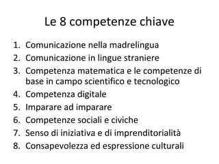 Le 8 competenze chiave
1. Comunicazione nella madrelingua
2. Comunicazione in lingue straniere
3. Competenza matematica e le competenze di
base in campo scientifico e tecnologico
4. Competenza digitale
5. Imparare ad imparare
6. Competenze sociali e civiche
7. Senso di iniziativa e di imprenditorialità
8. Consapevolezza ed espressione culturali
 