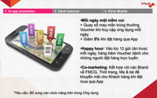 1. In-app promotion 2. Kênh Internet 3. Kênh Mobile
•Mỗi ngày một niềm vui:
+ Quay số may mắn trúng thưởng
Voucher khi tru...