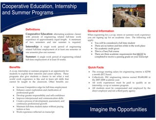 Cooperative Education, Internship
and Summer Programs

                   Definitions
                                                                              General Information
                   Cooperative Education: alternating academic classes        When registering for a co-op, intern or summer work experience
                   with periods of engineering related full-time work         you are signing up for an academic class. The following will
                   experience of approximately equal length. A minimum        apply:
                   of two semesters and one summer is required.                  • You will be considered a full time student
                   Internship: A single work period of engineering               • There are no tuition and fees while in the work place
                   related full-time employment of at least one semester or      • No academic credit given
                   one semester plus one summer.                                 • This is a Pass/Fail course
                                                                                 • There are three academic requirements that MUST be
                   Summer: A single work period of engineering related               completed to receive a passing grade on your transcript
                   full-time employment of at least 10 weeks.


   Benefits                                                                   Quick Facts
   A co-op, internship or summer program is an opportunity for                •   The average starting salary for engineering interns is $2700
   students to explore their interests and career options. These                  a month ($17/hour).
   programs also give students a chance to see what a real                    •   Collectively, ISU engineering interns earned $9,600,000 in
   world work experience is like and to learn job skills that                     the 2007-2008 academic year.
   cannot be taught in the classroom. Other benefits are:                     •   All work experiences must be paid to qualify as an
                                                                                  internship, co-op or summer program
      •   Increase Competitive edge for full-time employment                  •   All students must be compensated and employed by the
      •   Enhance career exploration and clarification of                         direct employer and not a third-party agency
          professional goals
      •   Develop greater responsibility and self-confidence
      •   Improve interpersonal and communication skills
      •   Create a process of development, assessment, and
          continuous professional growth
      •   Maintain full-time student status without paying

      •
          tuition or fees
          Work experience reflected on transcript
                                                                                  Imagine the Opportunities
 