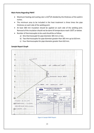 13
Main Points Regarding PWHT
 Maximum heating and cooling rate is 2220
C/h divided by the thickness of the weld in
inches.
 The minimum area to be included in the heat treatment is three times the pipe
thickness on each side of the welding joint.
 At least 300 mm insulation should be applied on each side of the welding joint.
Removal of the insulation should not be done till temperature reach 1500
C or below.
 Number of thermocouples to be used should be as follow:
a) One thermocouple for pipe diameter 305 mm or less.
b) Two thermocouples for pipe diameter greater than 305 mm up to 610 mm.
c) Four thermocouples for pipe diameter greater than 610 mm.
Sample Report Graph
Figure 4: Sample PWHT Report
 