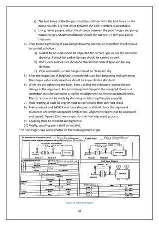 21
a) The bolt holes of the flanges should be collinear with the bolt holes on the
pump nozzles. 1.5 mm offset between the hole’s centers is acceptable.
b) Using feeler gauges, adjust the distance between the pipe flanges and pump
nozzle flanges. Maximum distance should not exceed 1.5 mm plus gasket
thickness.
4) Prior to bolt tightening of pipe flanges to pump nozzles, an inspection check should
be carried as follow :
a) Gasket to be used should be inspected for correct type as per the isometric
drawing. A check for gasket damage should be carried as well.
b) Bolts, nuts and washer should be checked for correct type and for any
damage.
c) Pipe and nozzle surface flanges should be clean and dry.
5) After the inspection of step four is completed, start bolt torqueing and tightening.
The torque value and procedure should be as per Armco standard.
6) While we are tightening the bolts, keep tracking the indicators reading for any
change in the alignment. For any misalignment beyond the accepted tolerances,
correction must be carried to bring the misalignment within the acceptable limits.
The correction can be made by shimming or adjusting the pipe supports.
7) Final reading at each 90 degree must be carried and then soft foot check
8) Main contract and YASREF mechanical inspector should check the alignment
tolerances are within acceptable limits or not. Alignment report shall be approved
and signed. Figure (13) show a report for the final alignment process.
9) Coupling shall be installed and tightened.
10) Finally, coupling guard shall be installed.
The next Page show some photos for the final alignment steps
Figure 13: Alignment Report
 