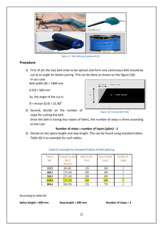23
Procedure
1) First of all, the two belt ends to be spliced and form one continuous belt should be
cut at an angle for better joining. This can be done as shown on the figure (18).
In our case:
Belt width (B) = 1400 mm
0.4 B = 560 mm
So, the angle of the cut is:
θ = Arctan (0.4) = 21.800
2) Second, decide on the number of
steps for cutting the belt.
Since the belt is having four layers of fabric, the number of steps is three according
to the rule:
Number of steps = number of layers (plies) - 1
3) Decide on the splice length and step length. This can be found using standard tables.
Table (6) is an example for such tables.
Table 6: Example for Standard Tables of Belt Splicing
According to table (6):
Splice length = 600 mm Step length = 200 mm Number of steps = 3
Figure 17: Belt Splicing Equipment (2)
Figure 18: Cutting Belt Ends
 