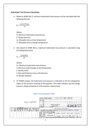7
Hydrostatic Test Pressure Calculation
 Based on ASME B31.3, minimum hydrostatic test pressure can be calculated with the
following formula:
Pt =
Where:
Pt: Minimum hydrostatic test pressure
P: Design pressure
St: Allowable stress at test temperature
S: Allowable stress at design temperature
 Also based on ASME B31.3, maximum hydrostatic test pressure is calculated using
the following formula:
Pm =
Where:
Pm: Maximum hydrostatic test pressure
S: Minimum yield strength at test temperature
E: Quality factor
t: Pipe wall thickness minus mill tolerance
D: Outside diameter
 At YASREF project, the hydrostatic test pressure is indicated on the line designation
tables of the isometric drawing of the pipelines. This table indicates also the design
pressure, design temperature and insulation requirements.
Table 2: Line Designation Table
 
