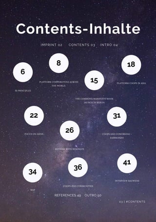 Contents-
8
PLATFORM COOPERATIVES ACROSS
THE WORLD.
Inhalte
IMPRINT 02     CONTENTS 03    INTRO 04   
  REFERENCES 49   OUTRO 50
03 | #CONTENTS
18
PLATFORM COOPS IN ASIA
22
FOCUS ON JAPAN
15
THE COMMONS MANIFESTO BOOK
IAUNCH IN BERLIN
26
RETHINK WITH RESONATE
31
COOPS AND COWORKING -
FAIRMONDO
34
MAP
36
COOPS AND COMMUNITIES
41
INTERVIEW BAUWENS
6
10 PRINCIPLES
 