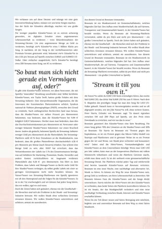 Wir verlassen uns auf diese Dienste und solange wir eine gute
Internetverbindung haben, müssen wir uns keine Sorgen machen.
Aus der Sicht der Künstlers allerdings, machen wir uns große
Sorgen.
Für weniger populäre Künstler*innen ist es extrem schwierig
geworden, im digitalen Zeitalter einen angemessenen
Lebensunterhalt zu verdienen – trotz Rekordeinnahmen der
Streaming-Dienste. Um eine angemessene Menge an Geld zu
verdienen, benötigt ein*e Künstler*in etwa 1 Million Klicks pro
Song. Je nachdem, ob der Song in der werbefinanzierten oder
Premium-Version gestreamt wird, bekommt ein*e Künstler*in in
den USA pro Stream auf Spotify zwischen 0,00121 und 0,00653 US-
Dollar. Oder einfacher ausgedrückt: Ein*e Künstler*in benötigt
etwa 200 Streams eines Song, um 1€ zu verdienen.
Es gibt viele Künstler*innen weltweit, vor allem Newcomer, die mit
Spotifys "miserabler" Bezahlung unzufrieden sind. Selbst berühmte
Künstler*innen, wie Taylor Swift, hatten große Fehden mit dem
Streaming-Anbieter. Eine interprofessionelle Organisation, die die
Interessen der französischen Plattenindustrie schützt, Syndicat
national de l'édition phonographique (SNEP), versuchte den Grund
zu ermitteln. Nach umfangreichen Recherchen fand man heraus,
dass die Musiker*innen nur sieben Prozent pro Abonnement
bekommen, was bedeutet, dass die Künstler*innen bei 9,99 €
lediglich 0,68 € bekommen. Hierbei muss man bedenken, dass dies
das Durchschnittseinkommen pro Abonnement ist. Newcomer oder
weniger bekannte Musiker*innen bekommen nur einen Bruchteil
davon. Anders als gedacht, bekommt Spotify als Streaming-Anbieter
weniger Geld pro Abonnement als die Plattenlabels. Die Streaming-
Plattform zahlt 45 % ihrer Einnahmen an die Musikindustrie, was
bedeutet, dass die großen Plattenfirmen durchschnittlich 4,56 €
pro Abonnent pro Monat (nach Steuern) erhalten. Das scheint eine
Menge Geld zu sein, aber SNEP hat errechnet, dass das
Nettoeinkommen der Labels nur 5 % des Gesamtumsatzes beträgt,
was auf Gebühren für Marketing, Promotion, Studio, Hersteller und
andere Kosten zurückzuführen ist. Insgesamt verdienen
Plattenlabels also 0,26 €  pro Abonnement. Das führt zu dem
Problem, dass Labels und Manager*innen zu Recht mehr Geld für
ihre Musiker*innen verlangen, da selbst große Labels mit einer so
geringen Gewinnspanne nicht mehr bezahlen können. Als
Nutzer*innen von Streaming-Plattformen wie Spotify ignorieren
wir oft den Hintergrund und die Folgen für die Künstler*innnen. Es
ist in der Tat erschwinglich und wir können fast jeden Song hören,
den wir wollen, egal wo und wann.
Doch die Zeiten haben sich geändert, ebenso wie die Gesellschaft - 
die Menschen sind sich der Probleme in der Musik- und Streaming-
Industrie bewusst. Wir wollen Musik ohne schlechtes Gewissen
streamen können. Wir wollen Künstler*innen unterstützen und
schätzen, anstatt sie auszubeuten.
Aus diesem Grund ist Resonate entstanden.
Resonate ist ein Musiknetzwerk im Gemeinschaftsbesitz, welches
folgendes Ziel hat: Den Aufbau einer Musikwirtschaft, die auf Fairness,
Transparenz und Zusammenarbeit basiert, in der Künstler*innen fair
bezahlt werden. Wenn du Resonate als Streaming-Plattform
verwendest, zahlst du pro Klick und nicht pro Abonnement – ein
großer Unterschied zu Spotify. Doch die Zeiten haben sich geändert,
ebenso wie die Gesellschaft -  die Menschen sind sich der Probleme in
der Musik- und Streaming-Industrie bewusst. Wir wollen Musik ohne
schlechtes Gewissen streamen können. Wir wollen Künstler*innen
unterstützen und schätzen, anstatt sie auszubeuten.  Aus diesem
Grund ist Resonate entstanden. Resonate ist ein Musiknetzwerk im
Gemeinschaftsbesitz, welches folgendes Ziel hat: Den Aufbau einer
Musikwirtschaft, die auf Fairness, Transparenz und Zusammenarbeit
basiert, in der Künstler*innen fair bezahlt werden. Wenn du Resonate
als Streaming-Plattform verwendest, zahlst du pro Klick und nicht pro
Abonnement – ein großer Unterschied zu Spotify.
Als Nutzer*in zahlst du 0,002 USD beim erstmaligen hören, das zweite
Mal 0,004 USD, das dritte Mal 0,008 USD bis zum 9. Hören. Nach dem
9. Abspielen des jeweiligen Songs hat man den Song für 1.022 US-
Dollar gekauft. Danach kann er heruntergeladen werden und so oft
abgespielt werden, wie der/die Nutzer*in will, ohne weitere Kosten.
Peter Harris, Gründer von Resonate, sagt: "Es dauert irgendwo
zwischen 150 und 200 Plays auf Spotify, um den Preis eines
Downloads zu erreichen, und wir tun das in neun."
Resonate garantiert den Künstler*innen eine faire Bezahlung. Für
einen Song gehen 70% des Umsatzes an die Musiker*innen und 30%
an Resonate. Für Harris ist Resonate ein "Protest gegen den
Kapitalismus, es ist ein Protest gegen das Silicon-Valley-Modell von
Startups und Plattformen und in gewisser Weise ist es ein Protest
gegen die Art und Weise, wie Musik jetzt verbreitet und konsumiert
wird." Daher sind die Hörer*innen, Vorstandsmitglieder und
Künstler*innen an dem Unternehmen beteiligt. Wenn man 5,00 USD
pro Jahr zahlen, kann man an der kooperativen Plattform mit vollem
Stimmrecht teilnehmen und wenn die Plattform Gewinne macht,
erhält man diese auch. Es ist der weltweit erste genossenschaftliche
Streaming-Dienst. Die Plattform wächst jeden Tag und mittlerweile
sind bereits tausende Künstler*innen auf Resonate vertreten.
Resonate ist eine neue Nische, eine nachhaltige und alternative Art,
Musik zu hören. Es könnte ein Weg für neue Künstler*innen sein,
genug Geld zu verdienen, um ihren Lebensunterhalt zu bestreiten. Mit
Resonate können Fans die Künstler*innen und die Songs direkt
unterstützen. Harris möchte die Hörer*innen mit den Künstler*innen
so verbinden, dass beide Seiten die Plattform kontrollieren können. Es
ist ein Ansatz, der das Musikgeschäft verändern und eine neue
nachhaltige Verbindung zwischen Musik, Internet und Künstler*innen
erschaffen könnte. 
Wenn Du ein Teil dieser neuen und fairen Bewegung sein möchtest,
begleite uns und unterstütze Resonate auf dem Weg zu einer fairen
Musikwelt.
"So baut man sich nicht
gerade ein Vermögen
auf, oder?" "Stream it till you
own it."
30 | #RESONATE
 