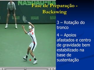 3 – Rotação do tronco 4 – Apoios afastados e centro de gravidade bem estabilizado na base de sustentação Fase de Preparação - Backswing 3 4 