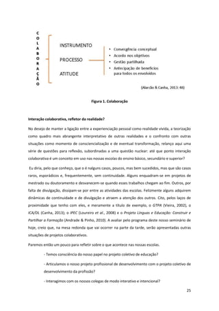 25
Figura 1. Colaboração
Interação colaborativa, refletor da realidade?
No desejo de manter a ligação entre a experienciação pessoal como realidade vivida, a teorização
como quadro mais abrangente interpretativo de outras realidades e o confronto com outras
situações como momento de consciencialização e de eventual transformação, relanço aqui uma
série de questões para reflexão, subordinadas a uma questão nuclear: até que ponto interação
colaborativa é um conceito em uso nas nossas escolas do ensino básico, secundário e superior?
Eu diria, pelo que conheço, que o é nalguns casos, poucos, mas bem sucedidos, mas que são casos
raros, esporádicos e, frequentemente, sem continuidade. Alguns enquadram-se em projetos de
mestrado ou doutoramento e desvanecem-se quando esses trabalhos chegam ao fim. Outros, por
falta de divulgação, dissipam-se por entre as atividades das escolas. Felizmente alguns adquirem
dinâmicas de continuidade e de divulgação e atraem a atenção dos outros. Cito, pelos laços de
proximidade que tenho com eles, e meramente a título de exemplo, o GTPA (Vieira, 2002), o
ICA/DL (Canha, 2013); o IPEC (Loureiro et al., 2008) e o Projeto Línguas e Educação: Construir e
Partilhar a Formação (Andrade & Pinho, 2010). A avaliar pelo programa deste nosso seminário de
hoje, creio que, na mesa redonda que vai ocorrer na parte da tarde, serão apresentadas outras
situações de projetos colaborativos.
Paremos então um pouco para refletir sobre o que acontece nas nossas escolas.
- Temos consciência do nosso papel no projeto coletivo de educação?
- Articulamos o nosso projeto profissional de desenvolvimento com o projeto coletivo de
desenvolvimento da profissão?
- Interagimos com os nossos colegas de modo interativo e intencional?
 