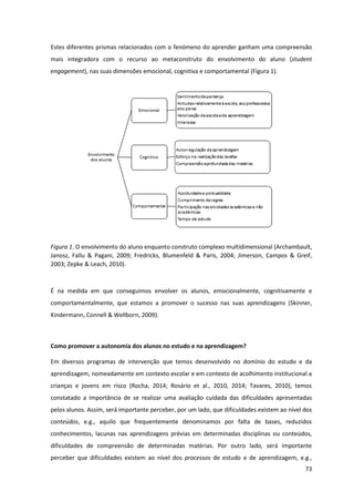 73
Estes diferentes prismas relacionados com o fenómeno do aprender ganham uma compreensão
mais integradora com o recurso ao metaconstruto do envolvimento do aluno (student
engagement), nas suas dimensões emocional, cognitiva e comportamental (Figura 1).
Figura 1. O envolvimento do aluno enquanto construto complexo multidimensional (Archambault,
Janosz, Fallu & Pagani, 2009; Fredricks, Blumenfeld & Paris, 2004; Jimerson, Campos & Greif,
2003; Zepke & Leach, 2010).
É na medida em que conseguimos envolver os alunos, emocionalmente, cognitivamente e
comportamentalmente, que estamos a promover o sucesso nas suas aprendizagens (Skinner,
Kindermann, Connell & Wellborn, 2009).
Como promover a autonomia dos alunos no estudo e na aprendizagem?
Em diversos programas de intervenção que temos desenvolvido no domínio do estudo e da
aprendizagem, nomeadamente em contexto escolar e em contexto de acolhimento institucional a
crianças e jovens em risco (Rocha, 2014; Rosário et al., 2010, 2014; Tavares, 2010), temos
constatado a importância de se realizar uma avaliação cuidada das dificuldades apresentadas
pelos alunos. Assim, será importante perceber, por um lado, que dificuldades existem ao nível dos
conteúdos, e.g., aquilo que frequentemente denominamos por falta de bases, reduzidos
conhecimentos, lacunas nas aprendizagens prévias em determinadas disciplinas ou conteúdos,
dificuldades de compreensão de determinadas matérias. Por outro lado, será importante
perceber que dificuldades existem ao nível dos processos de estudo e de aprendizagem, e.g.,
 