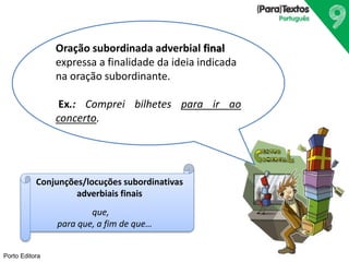 Porto Editora
Oração subordinada adverbial final
expressa a finalidade da ideia indicada
na oração subordinante.
Ex.: Comprei bilhetes para ir ao
concerto.
Conjunções/locuções subordinativas
adverbiais finais
que,
para que, a fim de que…
 