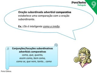 Porto Editora
Oração subordinada adverbial comparativa
estabelece uma comparação com a oração
subordinante.
Ex.: Ele é inteligente como o irmão.
Conjunções/locuções subordinativas
adverbiais comparativas
como, que, quanto,
assim como, bem como,
como se, que nem, tanto… como
 