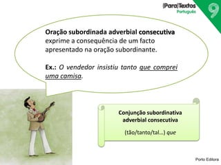 Porto Editora
Oração subordinada adverbial consecutiva
exprime a consequência de um facto
apresentado na oração subordinante.
Ex.: O vendedor insistiu tanto que comprei
uma camisa.
Conjunção subordinativa
adverbial consecutiva
(tão/tanto/tal…) que
 