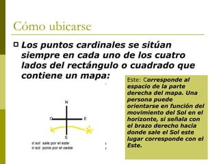 Cómo ubicarse Los puntos cardinales se sitúan siempre en cada uno de los cuatro lados del rectángulo o cuadrado que contiene un mapa: Este: C orresponde al espacio de la parte derecha del mapa. Una persona puede orientarse en función del movimiento del Sol en el horizonte, si señala con el brazo derecho hacia donde sale el Sol este lugar corresponde con el Este. 