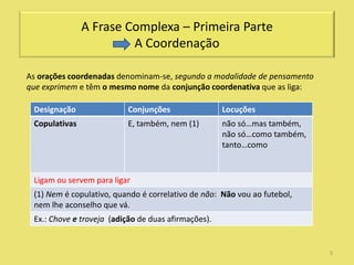 A Frase Complexa – Primeira Parte
                        A Coordenação

As orações coordenadas denominam-se, segundo a modalidade de pensamento
que exprimem e têm o mesmo nome da conjunção coordenativa que as liga:

 Designação               Conjunções                 Locuções
 Copulativas              E, também, nem (1)         não só…mas também,
                                                     não só…como também,
                                                     tanto…como


 Ligam ou servem para ligar
 (1) Nem é copulativo, quando é correlativo de não: Não vou ao futebol,
 nem lhe aconselho que vá.
 Ex.: Chove e troveja (adição de duas afirmações).


                                                                           5
 