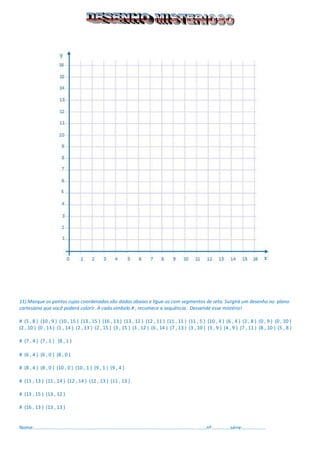 11) Marque os pontos cujas coordenadas são dadas abaixo e ligue-os com segmentos de reta. Surgirá um desenho no plano cartesiano que você poderá colorir. A cada símbolo # , recomece a sequência . Desvende esse mistério! 
# (5 , 8 ) (10 , 9 ) (10 , 15 ) (13 , 15 ) (16 , 13 ) (13 , 12 ) (12 , 11 ) (11 , 11 ) (11 , 5 ) (10 , 4 ) (6 , 4 ) (2 , 8 ) (0 , 9 ) (0 , 10 ) 
(2 , 10 ) (0 , 13 ) (1 , 14 ) (2 , 13 ) (2 , 15 ) (3 , 15 ) (3 , 12 ) (6 , 14 ) (7 , 13 ) (3 , 10 ) (3 , 9 ) (4 , 9 ) (7 , 11 ) (8 , 10 ) (5 , 8 ) 
# (7 , 4 ) (7 , 1 ) (8 , 1 ) 
# (6 , 4 ) (6 , 0 ) (8 , 0 ) 
# (8 , 4 ) (8 , 0 ) (10 , 0 ) (10 , 1 ) (9 , 1 ) (9 , 4 ) 
# (11 , 13 ) (11 , 14 ) (12 , 14 ) (12 , 13 ) (11 , 13 ) 
# (13 , 15 ) (13 , 12 ) 
# (16 , 13 ) (13 , 13 ) 
Nome:...............................................................................................................................nº..............série:.................  
