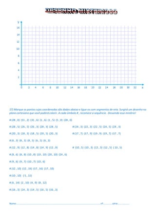 17) Marque os pontos cujas coordenadas são dadas abaixo e ligue-os com segmentos de reta. Surgirá um desenho no plano cartesiano que você poderá colorir. A cada símbolo # , recomece a sequência . Desvende esse mistério! 
# (28 , 0) (31 , 2) (31 , 6) (1 , 6) (1 , 5) (5 , 0) (28 , 0) 
# (28 , 5) (26 , 5) (26 , 3) (28 , 3) (28 , 5) # (24 , 3) (22 , 3) (22 , 5) (24 , 5) (24 , 3) 
# (20 , 3) (18 , 3) (18 , 5) (20 , 5) (20 , 3) # (17 , 7) (17 , 9) (19 , 9) (19 , 7) (17 , 7) 
# (6 , 3) (8 , 3) (8 , 5) (6 , 5) (6 , 3) 
# (12 , 9) (12 , 8) (14 , 8) (14 , 9) (12 , 9) # (10 , 5) (10 , 3) (12 , 3) (12 , 5) ( 10 , 5) 
# (8 , 6) (8 , 8) (10 , 8) (10 , 10) (20 , 10) (24 , 6) 
# (9 , 6) (9 , 7) (10 , 7) (10 , 6) 
# (12 , 10) (12 , 16) (17 , 16) (17 , 10) 
# (10 , 10) ( 5 , 15) 
# (6 , 14) (2 , 10) (4 , 9) (8 , 12) 
# (16 , 3) (14 , 3) (14 , 5) (16 , 5) (16 , 3) 
Nome:...............................................................................................................................nº..............série:................. 
 