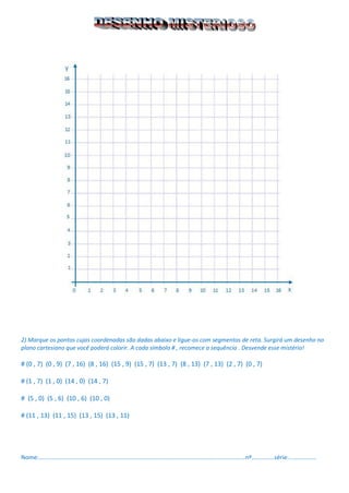 2) Marque os pontos cujas coordenadas são dadas abaixo e ligue-os com segmentos de reta. Surgirá um desenho no plano cartesiano que você poderá colorir. A cada símbolo # , recomece a sequência . Desvende esse mistério! 
# (0 , 7) (0 , 9) (7 , 16) (8 , 16) (15 , 9) (15 , 7) (13 , 7) (8 , 13) (7 , 13) (2 , 7) (0 , 7) 
# (1 , 7) (1 , 0) (14 , 0) (14 , 7) 
# (5 , 0) (5 , 6) (10 , 6) (10 , 0) 
# (11 , 13) (11 , 15) (13 , 15) (13 , 11) 
Nome:...............................................................................................................................nº..............série:.................  