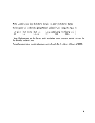 4
Nota: La coordenada Coor_Este tiene 6 dígitos y la Coor_Norte tiene 7 dígitos.
Para ingresar las coordenadas geográficas en grados minutos y segundos figura 6b
Lat_grado Lat_minuto Lat_seg Long_grado Long_minut Long_seg
-33 40 45.13 -71 13 33.94
Nota: Cualquiera de las dos formas serán aceptadas, no es necesario que se ingresen de
las dos sólo basta con una.
Todas las opciones de coordenadas que muestra Google Earth están en el Datum WGS84.
 