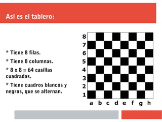 Así es el tablero:
* Tiene 8 filas.
* Tiene 8 columnas.
* 8 x 8 = 64 casillas
cuadradas.
* Tiene cuadros blancos y
negros, que se alternan.
 