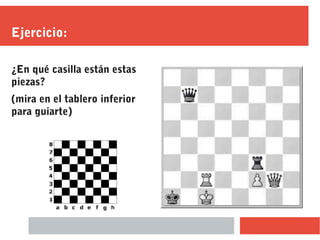 Ejercicio:
¿En qué casilla están estas
piezas?
(mira en el tablero inferior
para guiarte)
 