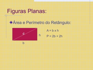 Figuras Planas:
Área e Perímetro do Retângulo:
A = b x h
P = 2b + 2h
b
h
d
 