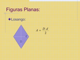 Figuras Planas:
Losango:
A 
D .d
2
d
D
 