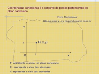 Coordenadas cartesianas é o conjunto de pontos pertencentes ao
plano cartesiano
Eixos Cartesianos:
São as retas x, e y perpendiculares entre si
x
y
0
P( x,y)
P: representa o ponto no plano cartesiano
X : representa o eixo das abscissas
Y: representa o eixo das ordenadas
y
x
 