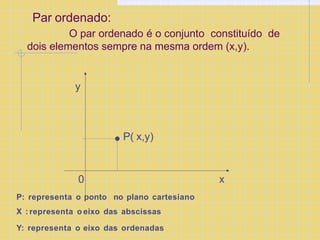 x
O par ordenado é o conjunto constituído de
dois elementos sempre na mesma ordem (x,y).
y
P( x,y)
0
P: representa o ponto no plano cartesiano
X : representa o eixo das abscissas
Y: representa o eixo das ordenadas
Par ordenado:
 