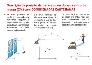 Descrição da posição de um corpo ou do seu centro de
massa (CM) com COORDENADAS CARTESIANAS
• Se uma partícula se
deslocar num plano, é
suficiente o uso de dois
eixos (uma coordenada
horizontal e uma
coordenada vertical).
P (x,y)
•
• Se uma partícula apenas se
deslocar em linha reta, um
eixo coincidente com a
trajetória é suficiente para a
localizar (uma coordenada).
P (x)
•
xA
• Se uma partícula se
deslocar com trajetória
curvilínea irregular, é
necessário o uso de três
eixos (duas coordenadas
horizontais e uma
coordenada vertical).
•P (x,y,z)
x
y
z
 